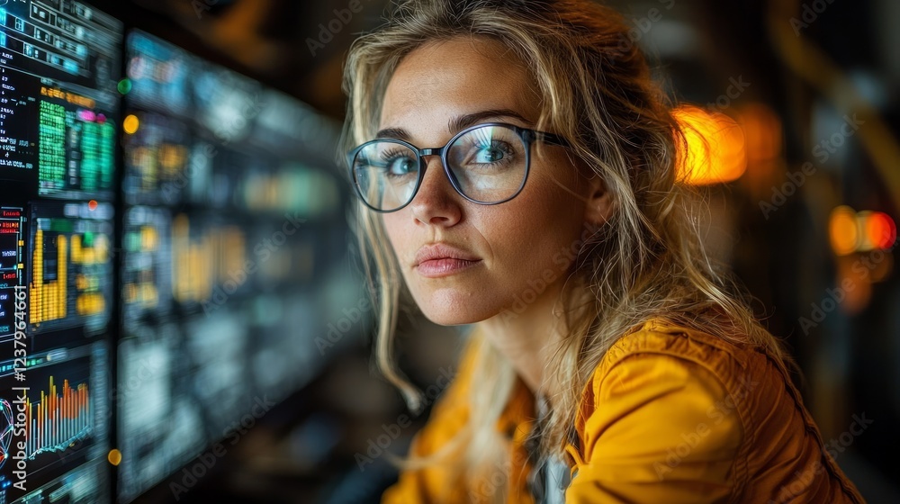 Woman programmer analyzing data at night Woman programmer analyzing data at night