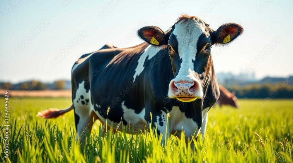Dairy Cow in Lush Green Pasture: A Serene Pastoral Scene Dairy Cow in Lush Green Pasture: A Serene Pastoral Scene