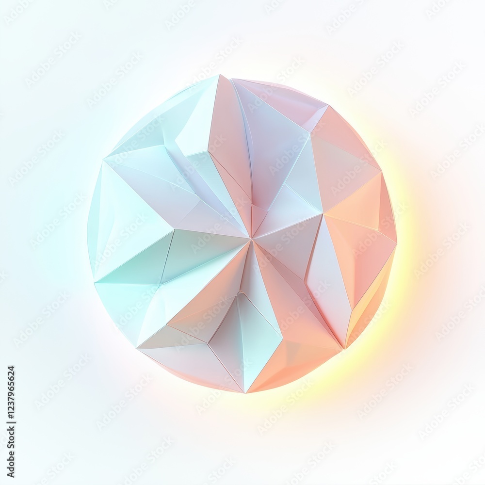 Abstract polygonal pattern with soft pastel tones and glowing edges, centered on a clean white background Abstract polygonal pattern with soft pastel tones and glowing edges, centered on a clean white background