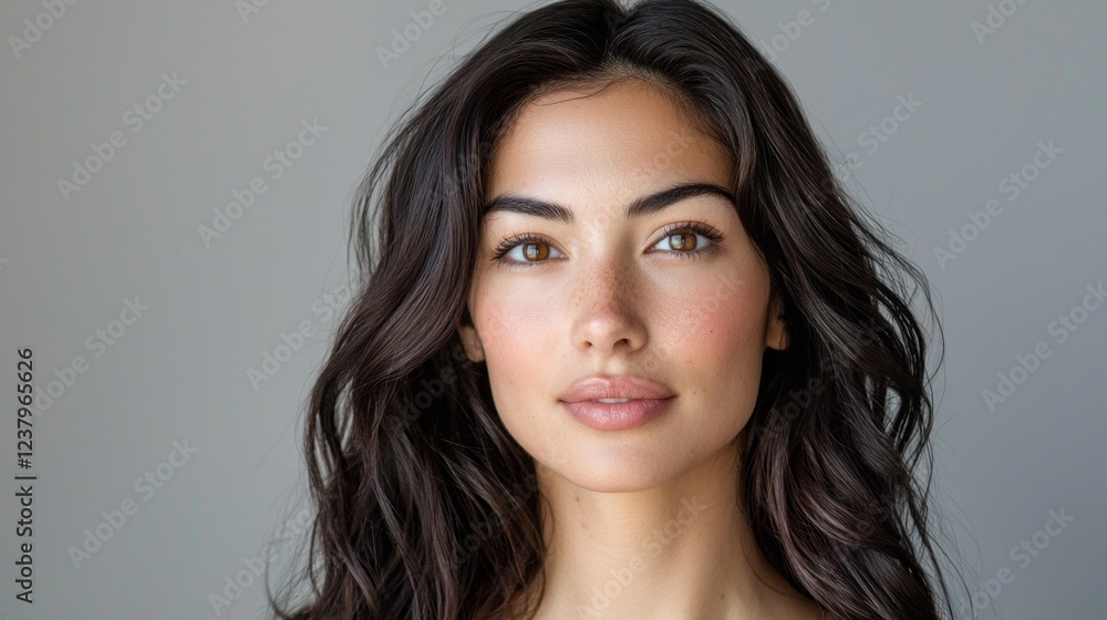 In a serene setting, a radiant multiethnic woman with flowing dark hair captures attention with her captivating smile and expressive eyes In a serene setting, a radiant multiethnic woman with flowing dark hair captures attention with her captivating smile and expressive eyes