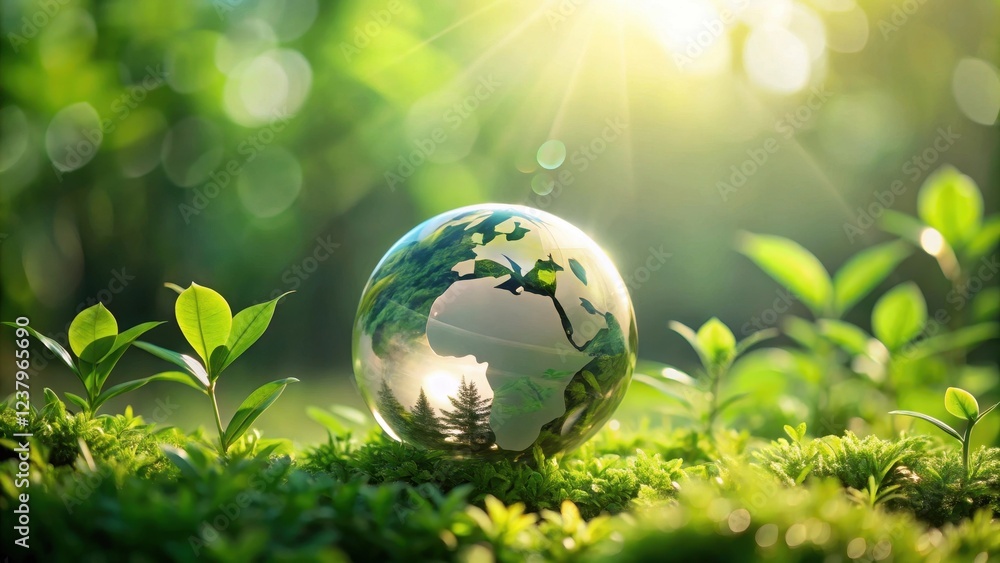 A Crystal Globe Reflecting a Lush Green World, Symbolizing Environmental Preservation and the Sustainable Growth of Nature A Crystal Globe Reflecting a Lush Green World, Symbolizing Environmental Preservation and the Sustainable Growth of Nature