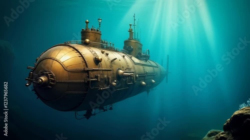 Wallpaper Mural A magnificently designed steampunk submarine under water, a testament to both innovation and antiquity, the intricate submersible being built with wood, glass and brass gears Torontodigital.ca
