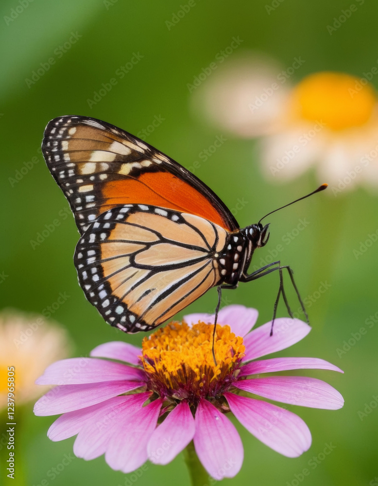 Close-up of a butterfly resting on a flower, its colorful wings spread wide, with a softly blurred garden background, embodying the delicate beauty of spring. Close-up of a butterfly resting on a flower, its colorful wings spread wide, with a softly blurred garden background, embodying the delicate beauty of spring.