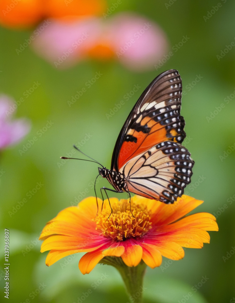 Close-up of a butterfly resting on a flower, its colorful wings spread wide, with a softly blurred garden background, embodying the delicate beauty of spring. Close-up of a butterfly resting on a flower, its colorful wings spread wide, with a softly blurred garden background, embodying the delicate beauty of spring.