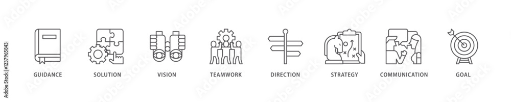 Leadership icon set flow process which consists of vision, skills, confidence, motivation, integrity, empowering icon live stroke and easy to edit . Leadership icon set flow process which consists of vision, skills, confidence, motivation, integrity, empowering icon live stroke and easy to edit .