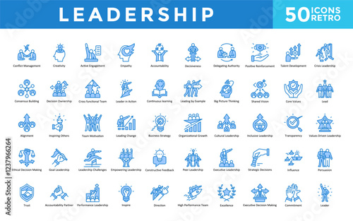 Leadership icons set with conflict management, creativity, active engagement, empathy, accountability, decisiveness, delegating authority, positive reinforcement icon. Simple retro vector 

