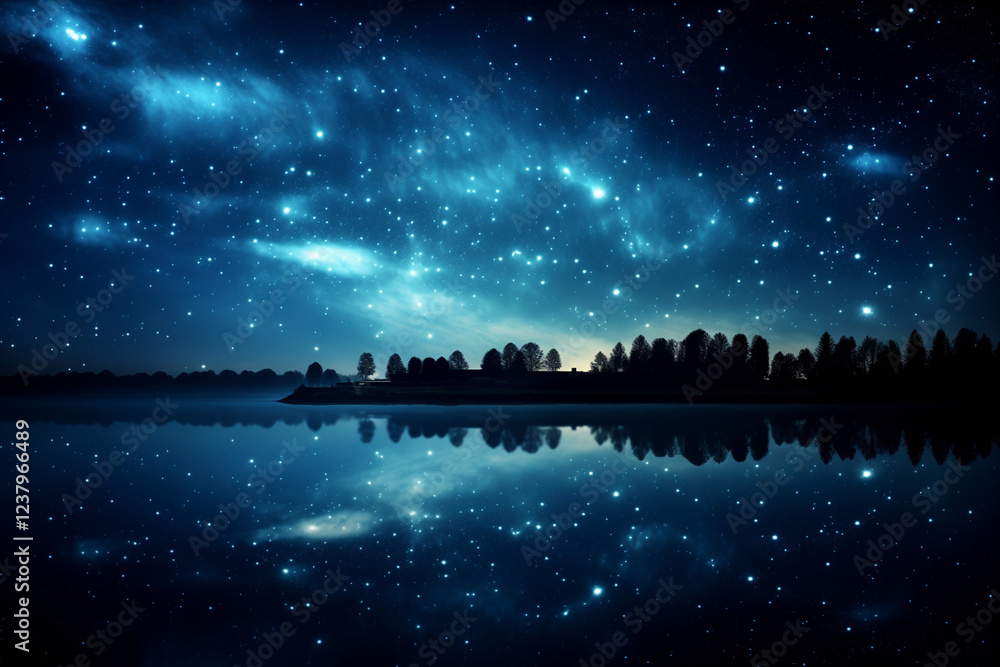 Fototapeta premium A breathtaking starry night over a calm body of water, with a silhouette of a distant forest or city skyline.
