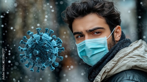 Young caucasian male wearing mask with virus illustration in winter setting photo