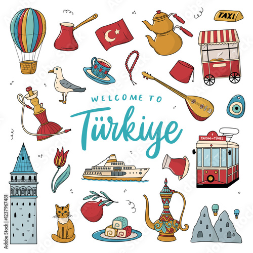 Turkish doodles collection, Turkiye cartoon elements clipart, Istanbul theme. Good for posters, cards, stickers, prints, signs, banners, etc. EPS 10