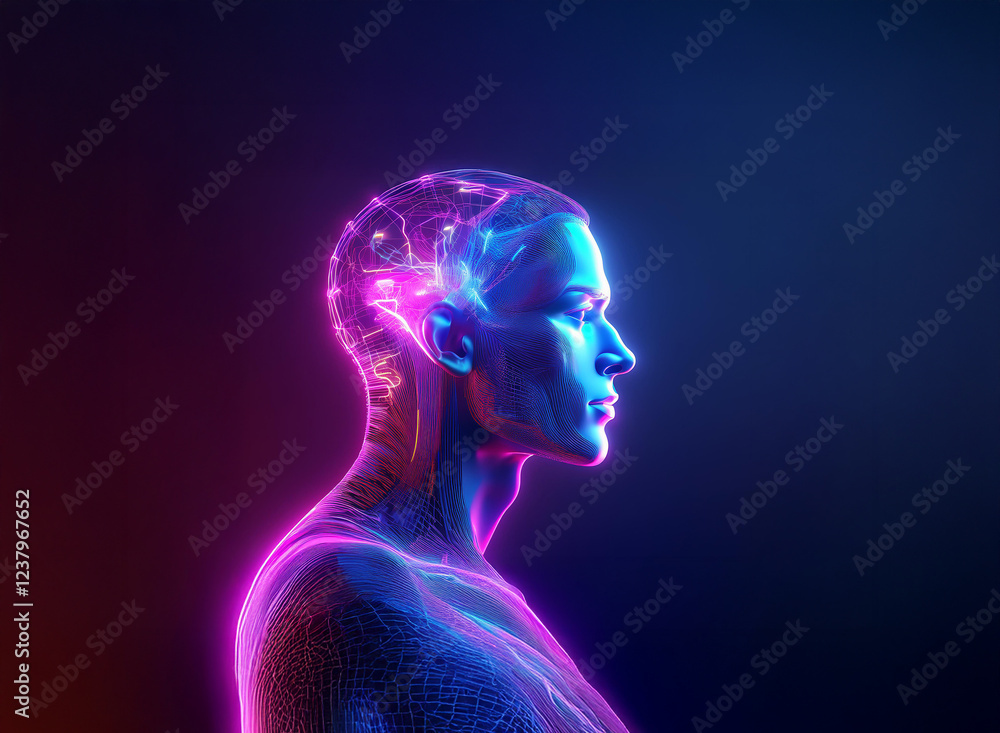 Neon-lit profile of a human head, showcasing intricate neural pathways and a glowing brain. The image evokes themes of consciousness, technology, and the mind-body connection. Neon-lit profile of a human head, showcasing intricate neural pathways and a glowing brain. The image evokes themes of consciousness, technology, and the mind-body connection.