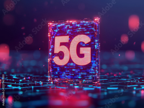 Futuristic 5G network tower amid digital landscape showcasing a harmonious integration of nature and technology with glowing data transmission lines photo