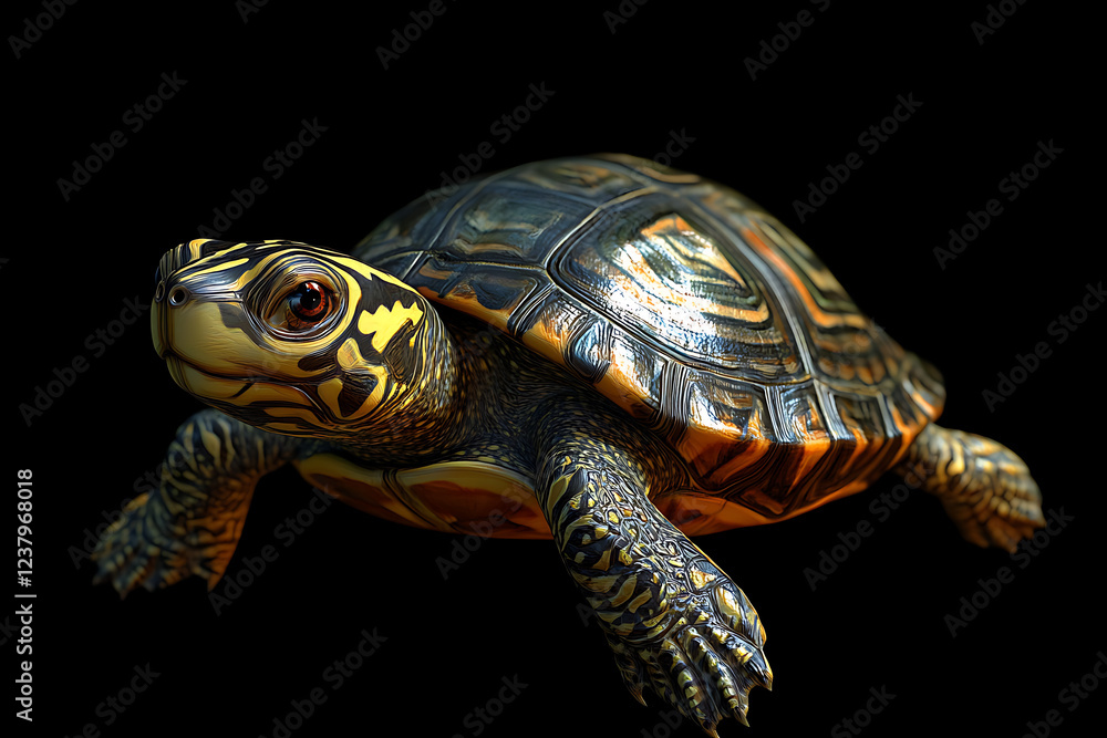 Obraz premium turtle on a black background, turtle on a blank black background, a turtle, turtle, cute turtle, black background, copy space for add text, 3d rendering, 3d, vector, AI generative