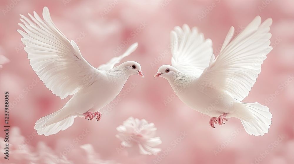 Obraz premium Two White Doves In Flight Amidst Pink Blossoms