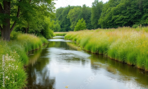 Serene river surrounded by lush greenery