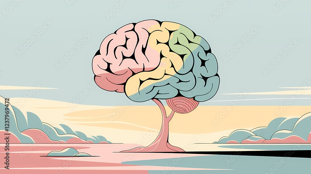 Minimalistic Tree with Brain-Shaped Canopy in a Serene Landscape with Pastel Colors Minimalistic Tree with Brain-Shaped Canopy in a Serene Landscape with Pastel Colors