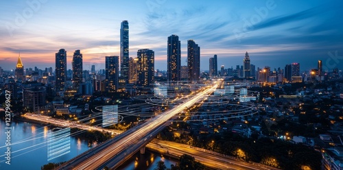 Wallpaper Mural Under the cover of night, smart city lights light up the river bridge, intertwining network connectivity with telecommunications to highlight technological innovation Torontodigital.ca