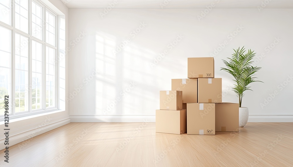 Modern interior with stacked cardboard boxes and a potted plant beside large windows Modern interior with stacked cardboard boxes and a potted plant beside large windows