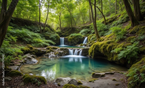 Serene forest waterfall with clear water