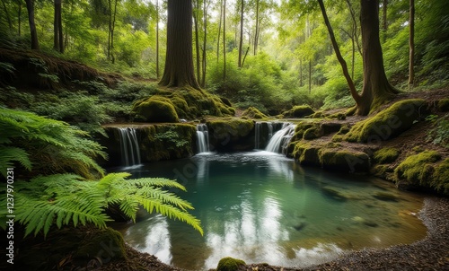 Tranquil forest waterfall with lush greenery