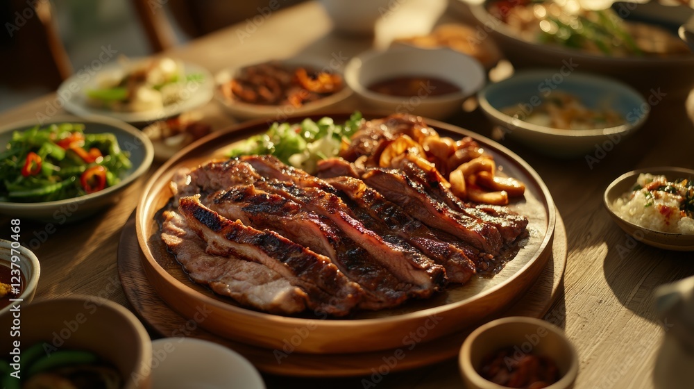 Fototapeta premium Grilled Pork Neck with Golden Sear Marks on Rustic Wooden Plate, perfect for food blogs or restaurant menus