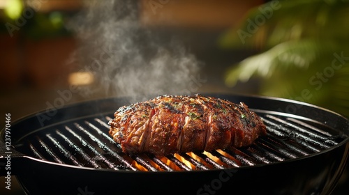 Sizzling Pork Neck on a Grill with Grill Marks, Closeup Shot, Perfect for BBQ or Summer Food Recipes