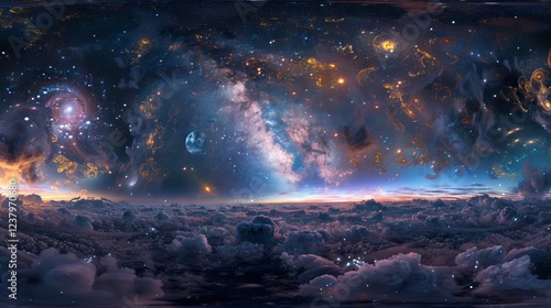 Fototapeta Naklejka Na Ścianę i Meble -  Immersive 360-degree equirectangular space background panorama featuring a vibrant nebula and shimmering stars, ideal for high-resolution HDRI environment maps