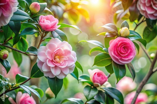 Delicate Pink Camellia Blooms Basking in Warm Sunlight on Lush Green Foliage