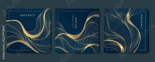 Vector set of wave line luxury cards, abstract gold on blue art deco graphic. Square frames elegant brochures, labels, package