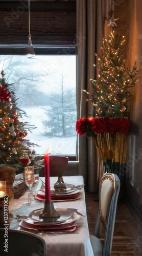 Festive Christmas dining room with snowy window view, adorned with tree, stockings, fireplace, and elegant table setting. photo