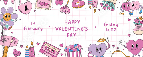 Valentine's day horizontal banner decorated with lettering quote and doodles. Good for invitations, posters, prints, social media covers, promo, templates, etc. EPS 10