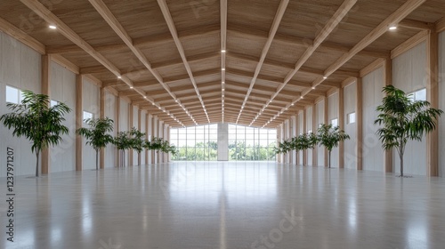 Spacious wooden-beam event hall with garden view