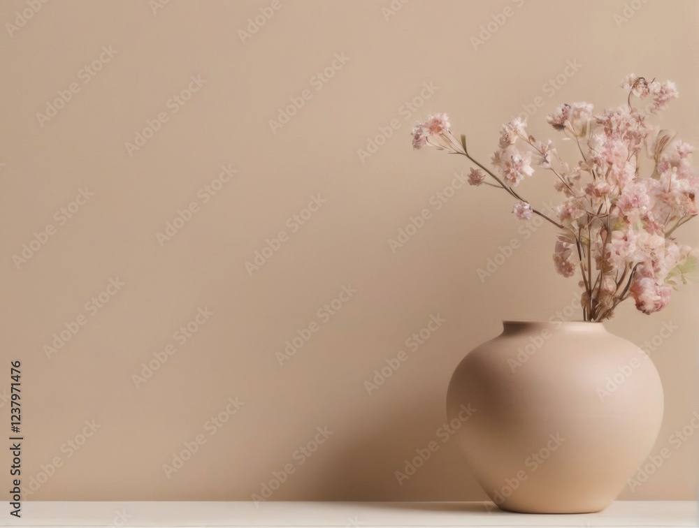 Minimalistic composition of light pink vase, bowl, and dried white flowers on a white shelf against a beige wall. Minimalistic composition of light pink vase, bowl, and dried white flowers on a white shelf against a beige wall.