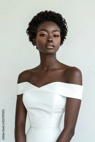 Elegant Woman in White Off-the-Shoulder Dress, potential usecase for fashion, beauty, and lifestyle editorial content photo