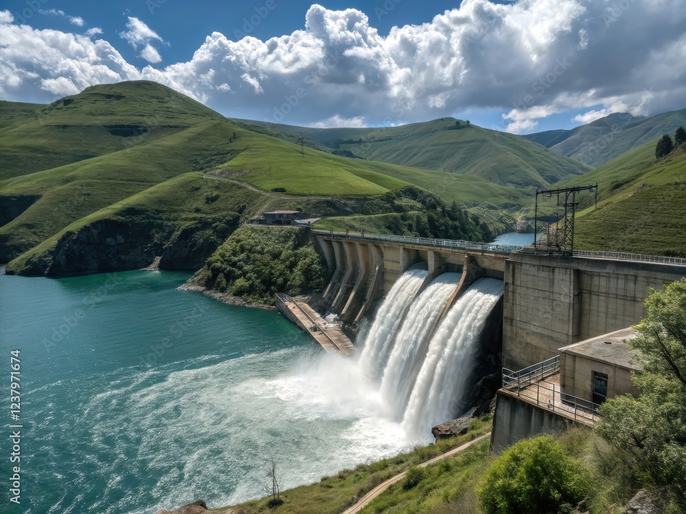 Hydroelectric Dam Overlooking Lush Green Mountains Hydroelectric Dam Overlooking Lush Green Mountains