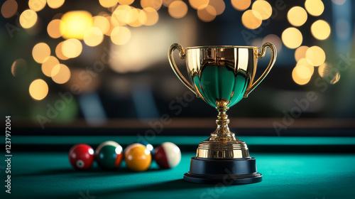 Pool billiards tournament poster, color balls and gold trophy cup, cue and holes in green table. Vector billiards championship tournament. Sport or game of accuracy with stakes and gambling photo