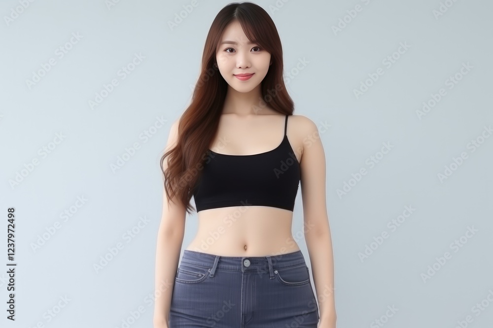 Portrait of smiling fitness model showing her slim body shape after successful diet, isolated on gray background Portrait of smiling fitness model showing her slim body shape after successful diet, isolated on gray background