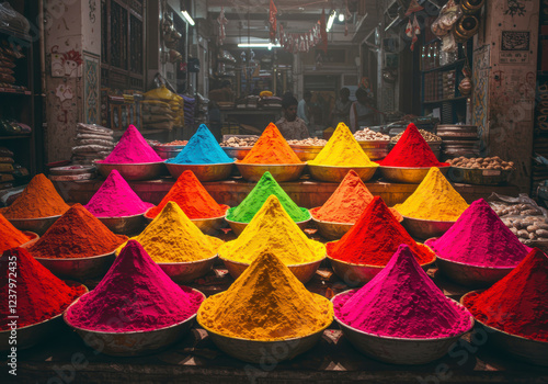 Bright and Bold Tika Powders at Orcha Market, India, Celebrating the Diversity and Beauty of Traditional Indian Artistry photo