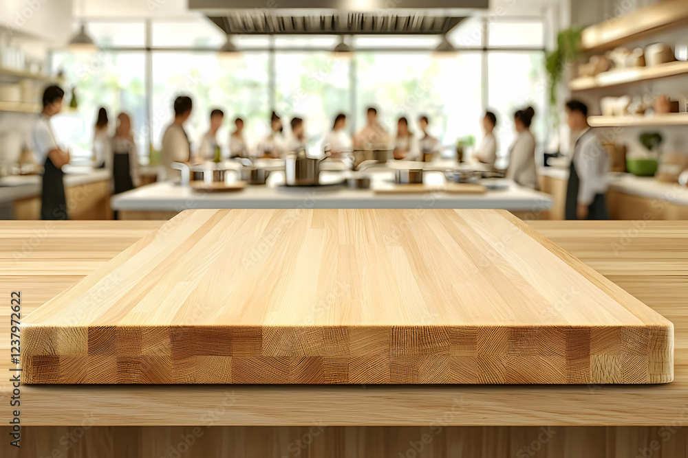 Cooking class, wooden table, kitchen, students