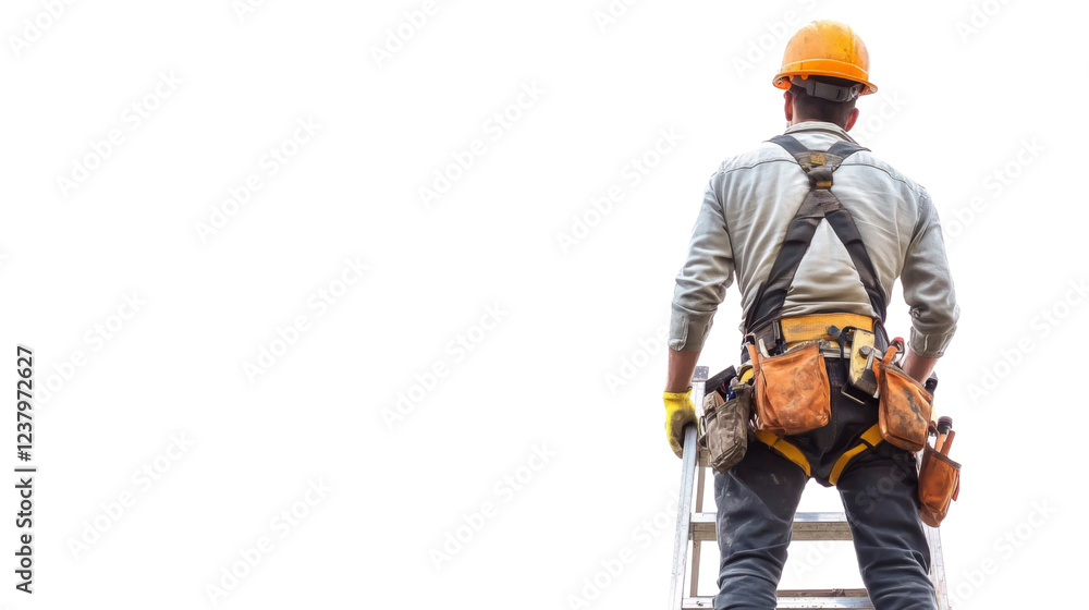 Fototapeta premium Construction worker climbing a ladder with transparent background