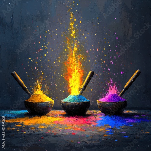 Grunge-style Holika Dahan Illustration with Bonfire and Colorful Powder Bowls photo