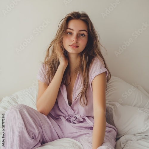 Beautiful young woman resting in bed, potential usecase for sleep, relaxation, and healthcare concepts photo