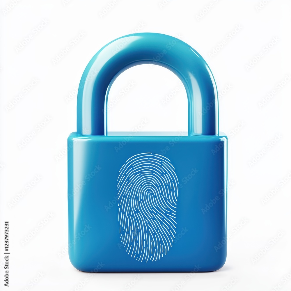 Blue padlock with a fingerprint scanner symbolizing online security, placed on a bright white background Blue padlock with a fingerprint scanner symbolizing online security, placed on a bright white background