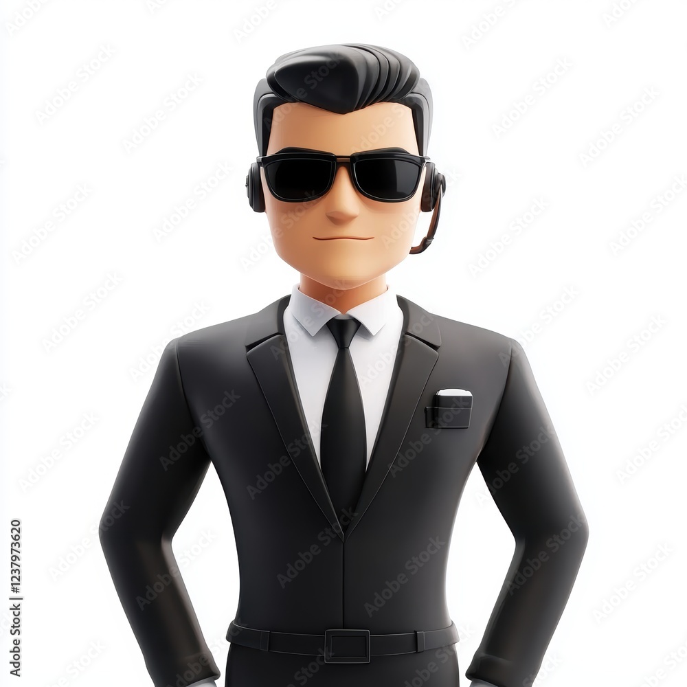 Bodyguard in a black suit with sunglasses and an earpiece, placed on a bright white background Bodyguard in a black suit with sunglasses and an earpiece, placed on a bright white background
