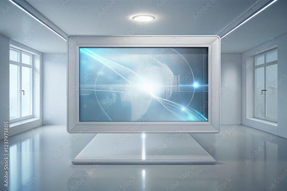 Fototapeta premium Futuristic Display Screen in a Modern Minimalist Room, Showing Abstract Data Visualization and Network Connections