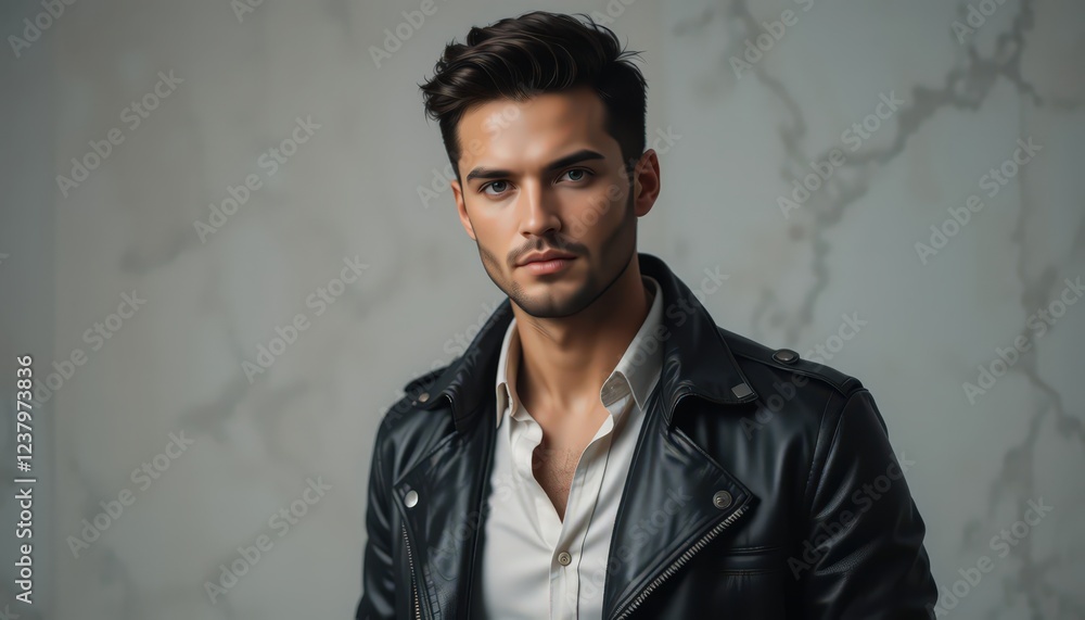Fototapeta premium Portrait of a Handsome Man in Leather Jacket