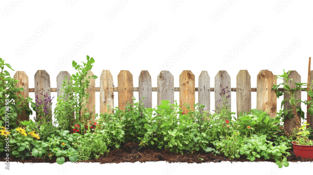 Obraz premium Lush green plants growing along rustic wooden fence with transparent background