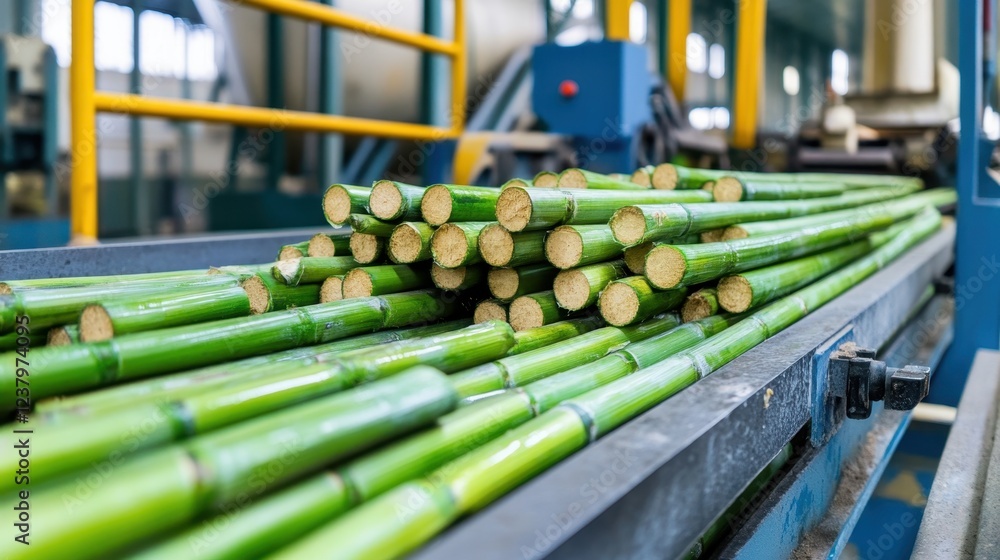 Obraz premium Freshly cut green bamboo stalks on a conveyor belt, ready for processing in a factory.
