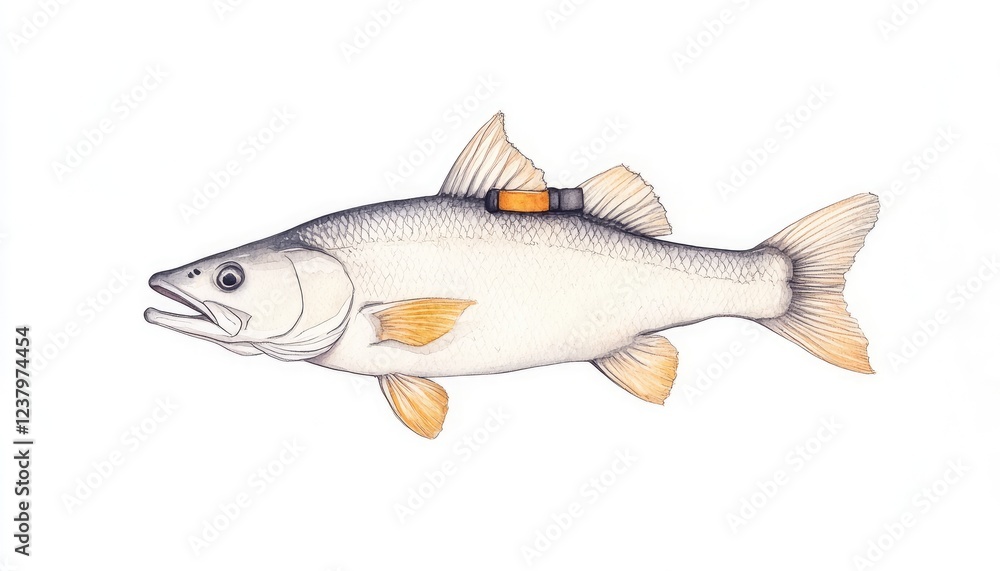 Illustration of a fish with a tracking device, showcasing aquatic life and technology integration Illustration of a fish with a tracking device, showcasing aquatic life and technology integration