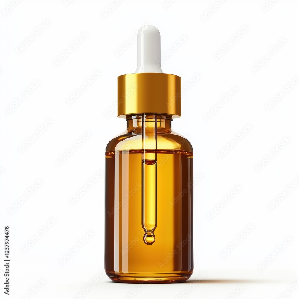 Fototapeta premium Bottle of luxurious hair oil with a dropper dripping golden liquid, isolated on a clean white background