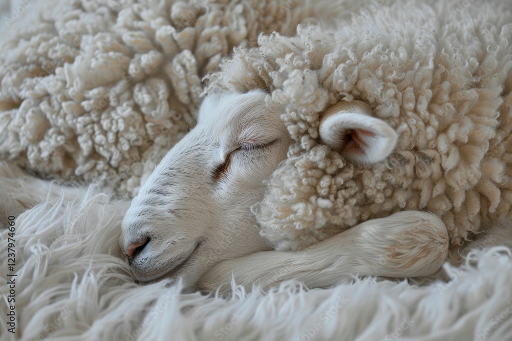 Naklejka premium Close up of a lamb sleeping peacefully on soft wool, evoking feelings of innocence, comfort, and tranquility